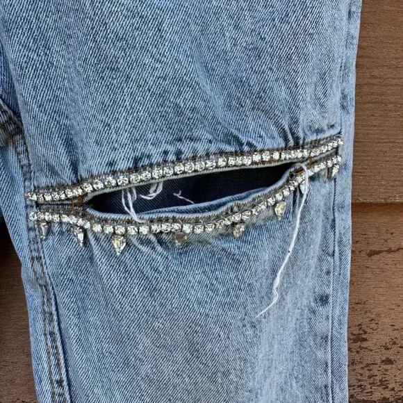 Distressed Blue Denim Jeans W/ Rhinestone Trim & Raw Hem For Women - Picture 7 of 14